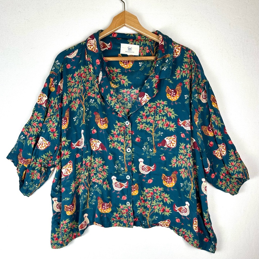 Printfresh Teal Floral & Hen Print Satin Short Pajama Set - Picture 7 of 16